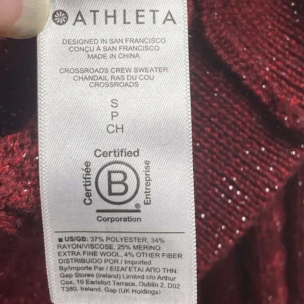 Athleta Red Silver Metallic Thread Long Sleeve Pullover CableKnit Sweater Size S
